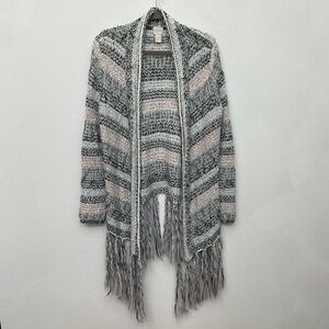 Chico's Grey, Pink, White Striped Opem Front Cardigan Long Tassels Size 2 US 12